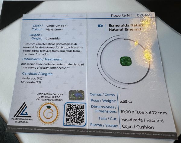 Emeraude Colombienne en coussin 5.59 ct certifiée – Image 4